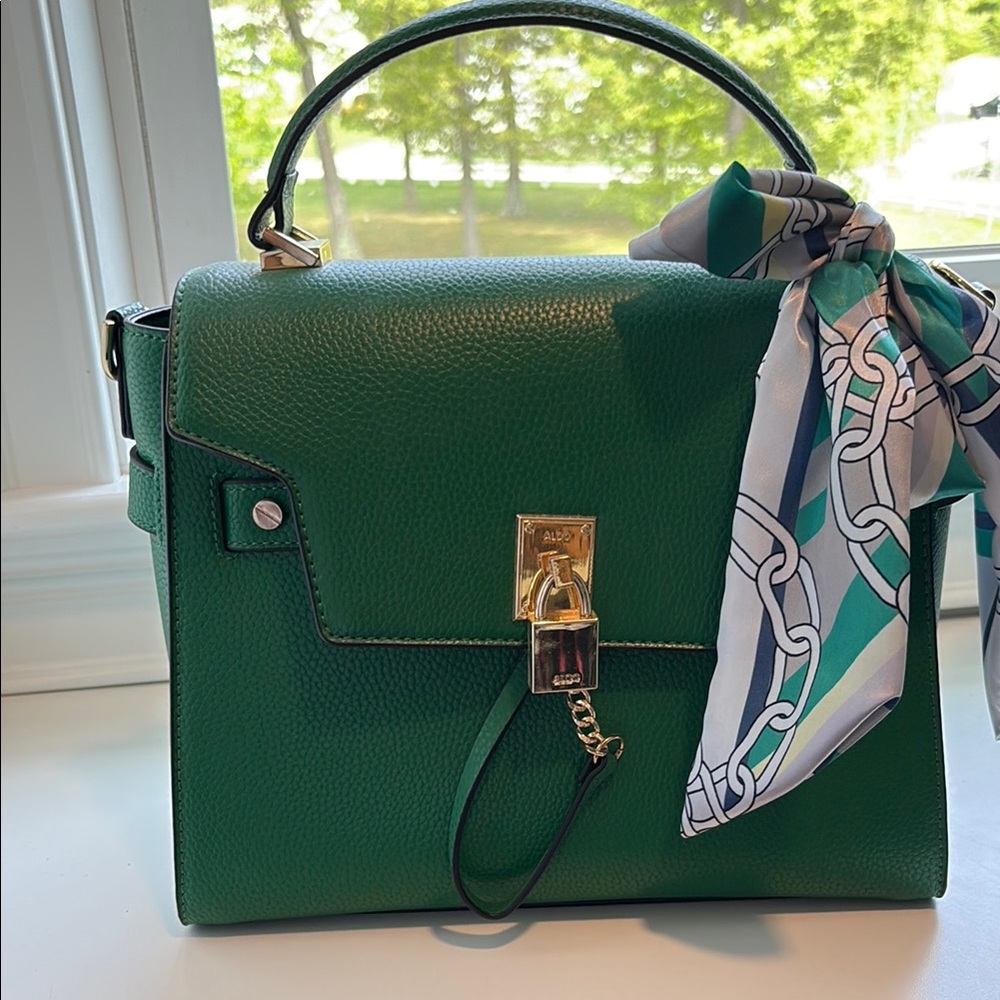 Aldo Green Satchel with Gold-Tone Lock and Silk Scarf